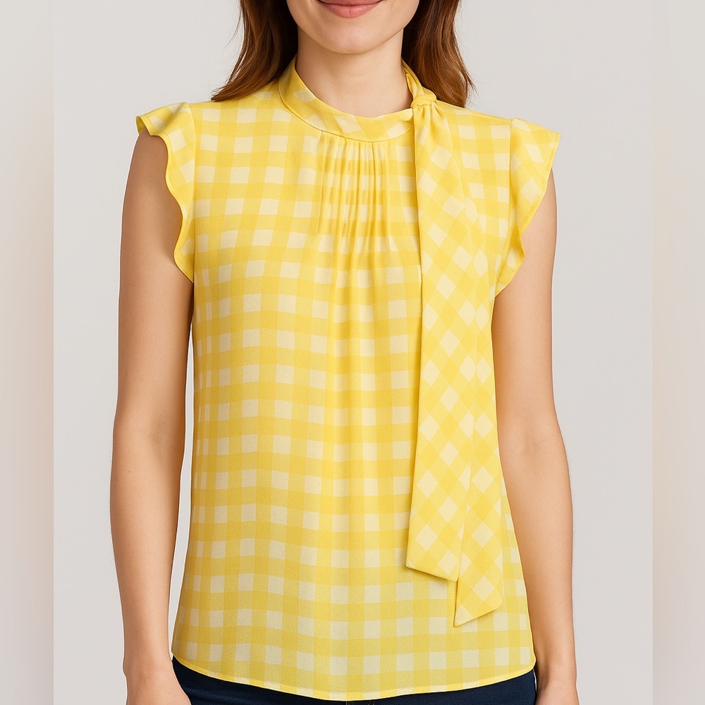 3/$25 Liz Claiborne Yellow Checkered Blouse Gingham Scarf Tie Blouse Size Medium